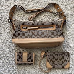 Vintage COACH Signature Canvas Leather Handbag H055-9363 w/ Wallet & Coin Purse