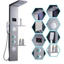 52" 2-Jet LED Rainfall Shower Panel with Shelf  and Mist Head Hand Shower and Tub Spout