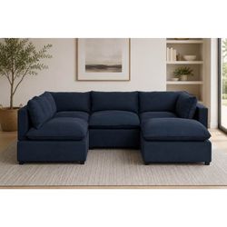 Albany Park Kova Pillow Cushion L-Shape Sectional with Ottoman | Denim Performance Brushed Canvas