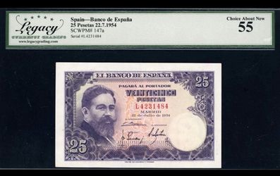 1954 25 Pesetas Banco de Espana Note Legacy Choice About New 55