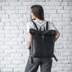 Genuine Leather Roll Top Backpack