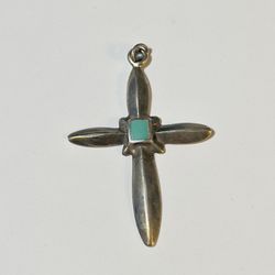 Vintage Old Pawn Silver Turquoise Cross Pendant 