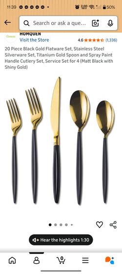 20 Piece Black Gold Flatware Set, Stainless Steel Silverware Set, Titanium Gold Spoon and Spray Paint Handle Cutlery Set, Service Set for 4 (Matt Blac
