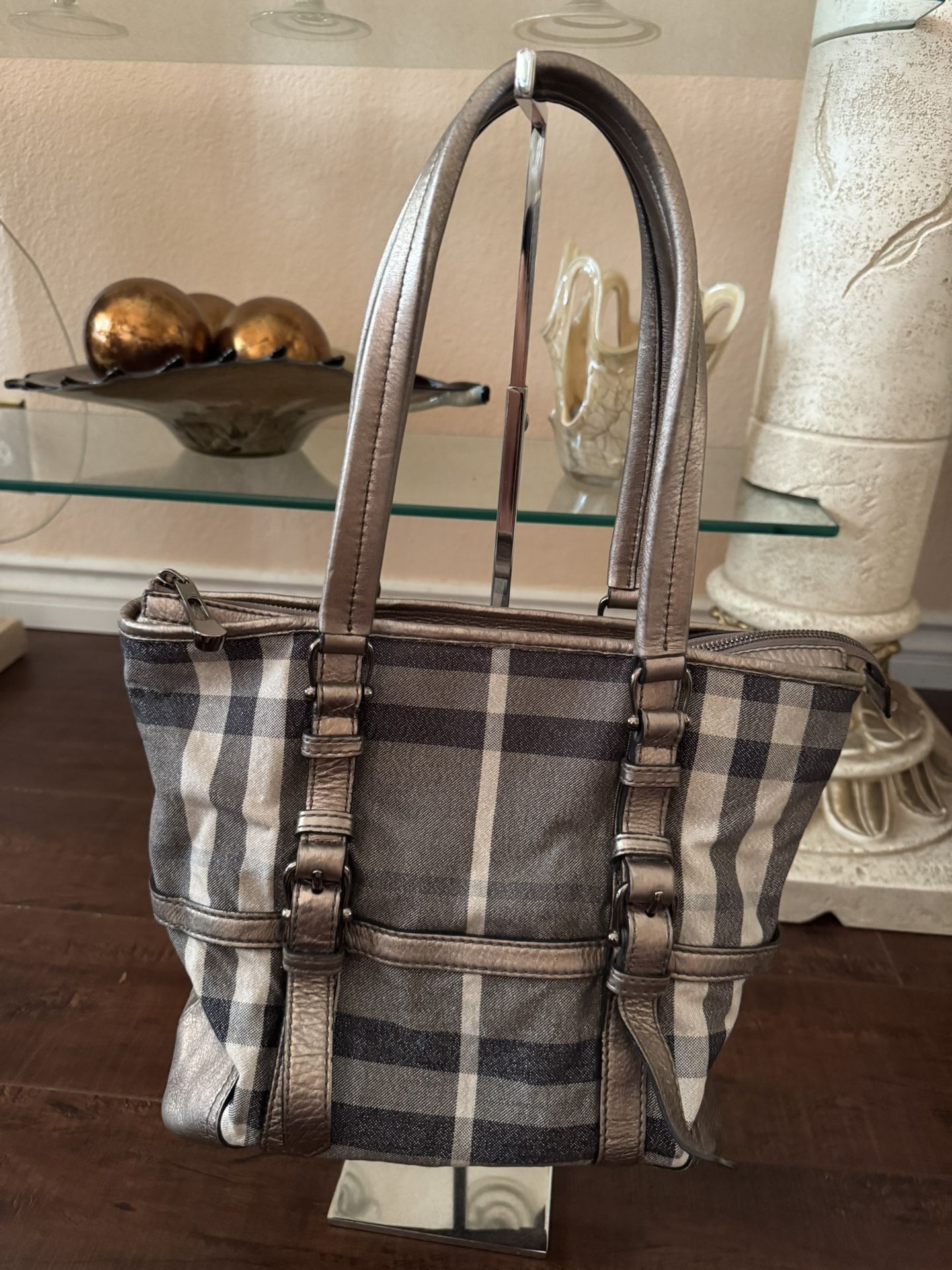 BURBERRY SILVER SHIMMER CHECK DEGRADE TOTE BAG