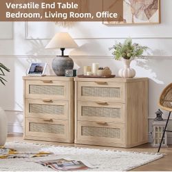 New Set Of 2 Rattan Night Stand Set of 2 with Charger Station, 23" Large 3 Drawer Boho Nightstand, Natural Wood Bedside Table Storage Cabinet, Bed Sid
