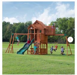 Skyfort II Outdoor Playground Set w/ Monkey Bars, Upper Fort, Crow's Nest, Belt Swing Set, Picnic Table, and Rockwall