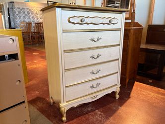 French Provincial Highboy Dresser with Gold Detail