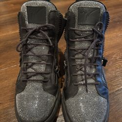 Giuseppe Zanotti Black Leather Crystal Embellished High Top Sneakers Size 43