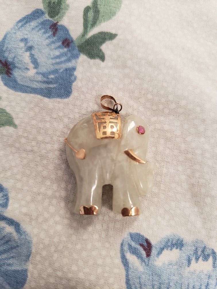 Elephant Pendant w/14K Real YELLOW GOLD ADORNMENTS, with a Ruby Eye