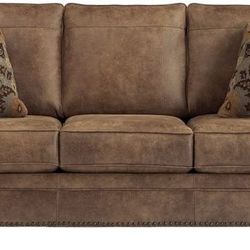 Signature Design by Ashley Larkinhurst Faux Leather Sofa with Nailhead Trim and 2 Accent Pillows, Brown 89 x 39 x 38 inches