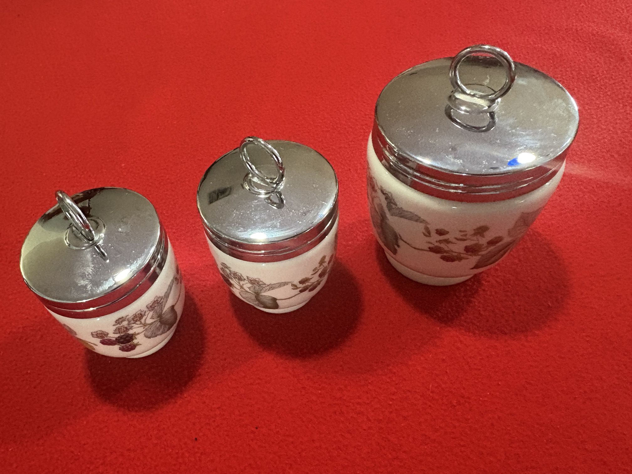 This Vintage Royal Worcester Porcelain Jam Jar and Egg Coddlers Set of 3 in Miami is a charming addition to any kitchen or dining collection. Made in