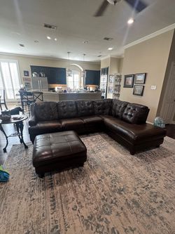 Large Brown Leather Sectional + Oversized Ottoman – $500