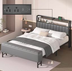 Grey Queen Size Bed Frame, Headboard & Star Projector, Charging Station Gray White