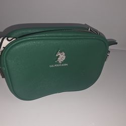 Green and white U.S. Polo Assn. crossbody bag with adjustable strap