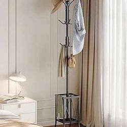 Coat Rack Freestanding, Coat Rack with Umbrella Holder, Entryway Hanger Stand with12 Hooks, Metal Hall Tree for Bags, Coats, Hats, Entryway, Hallway, 