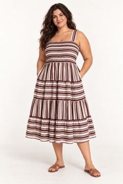 Women's Plus 4XL Burgundy/Cream Striped Smocked Square Neck Midi Sundress