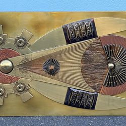 Vintage metal brutalist wall hanging attributed to Stephen Chun