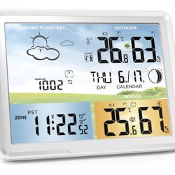 Weather Station Wireless Indoor Outdoor Thermometer, Color Display Digital Thermometer Humidity Monitor with Atomic Clock, Forecast Station with Calen