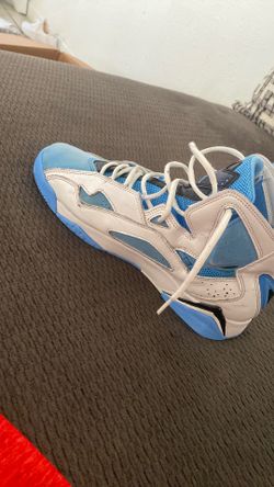 These are Air Jordan True Flight "UNC" sneakers in a white, University Blue, and black colorway