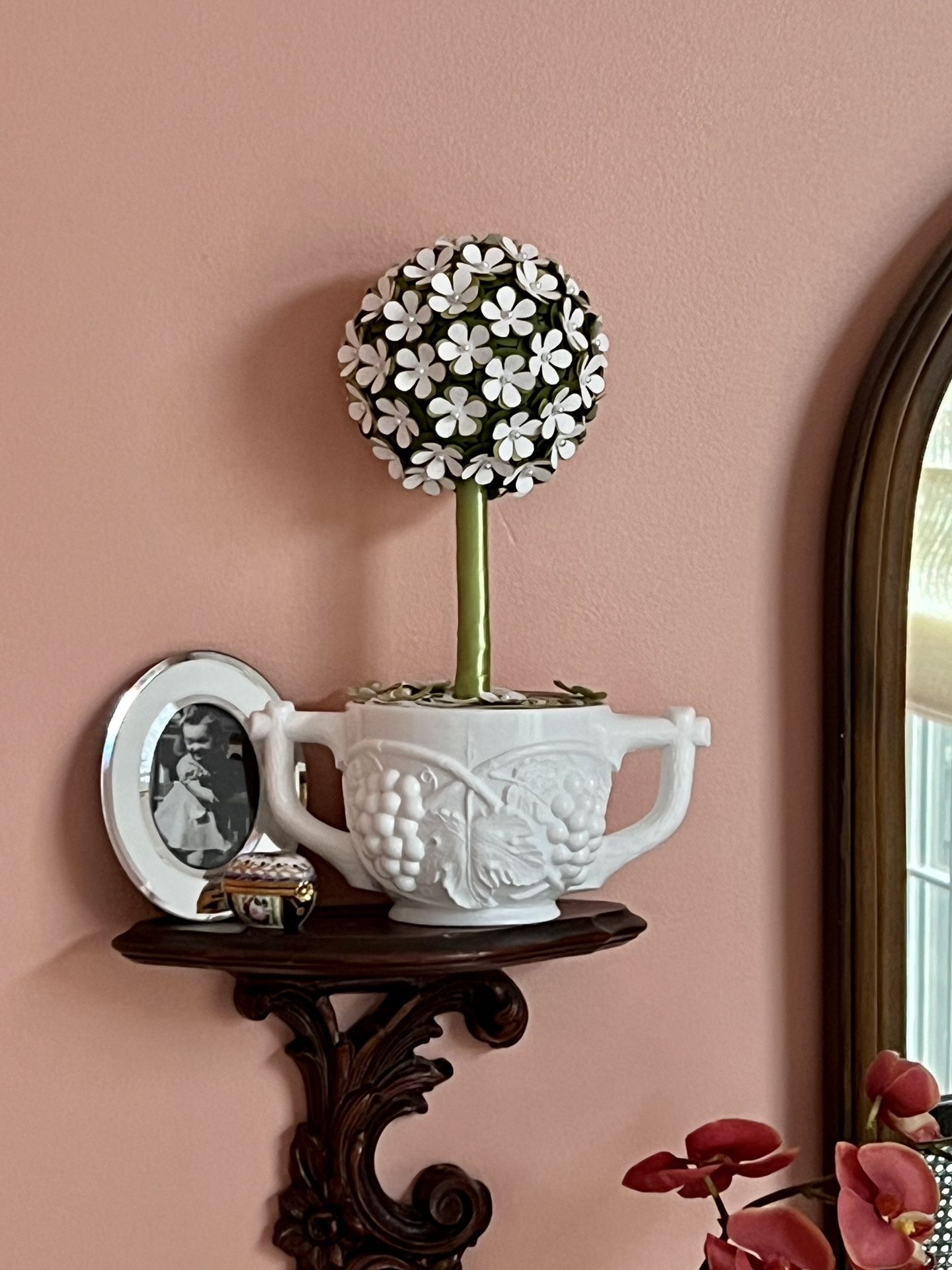 Lidded White Milk Glass Sugar Bowl with a Paper Flower Topiary