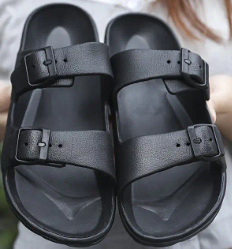 Double Buckle Strap EVA Slides, Women's Soldi Color Open Toe Flat Shoes, Indoor & Outdoor Beach Slide Sandals