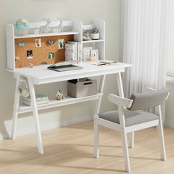 New DELAVIN 39.37" Kids Table and Chair Set, Solid Wood Desk W/ Drawers for Kids, White Desk Hutch W/ Cork Bulletin Board, Computer Desk W/ Chair for 