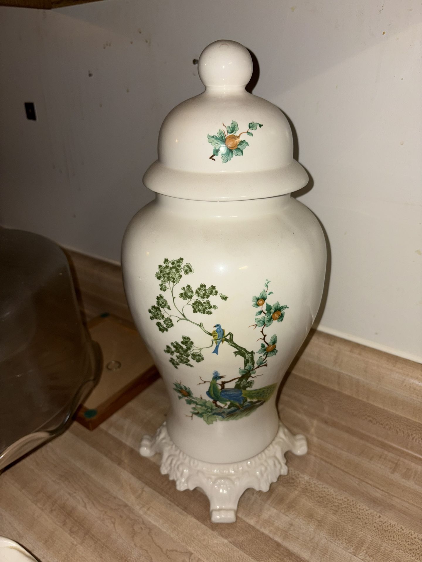 Vintage Porcelain Ginger Jar – 14.5” Tall – Bird & Floral Design