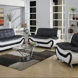 Black And White 3 Piece  Leather Set Of Sofa, Loveseat And Chair New In Packaging 