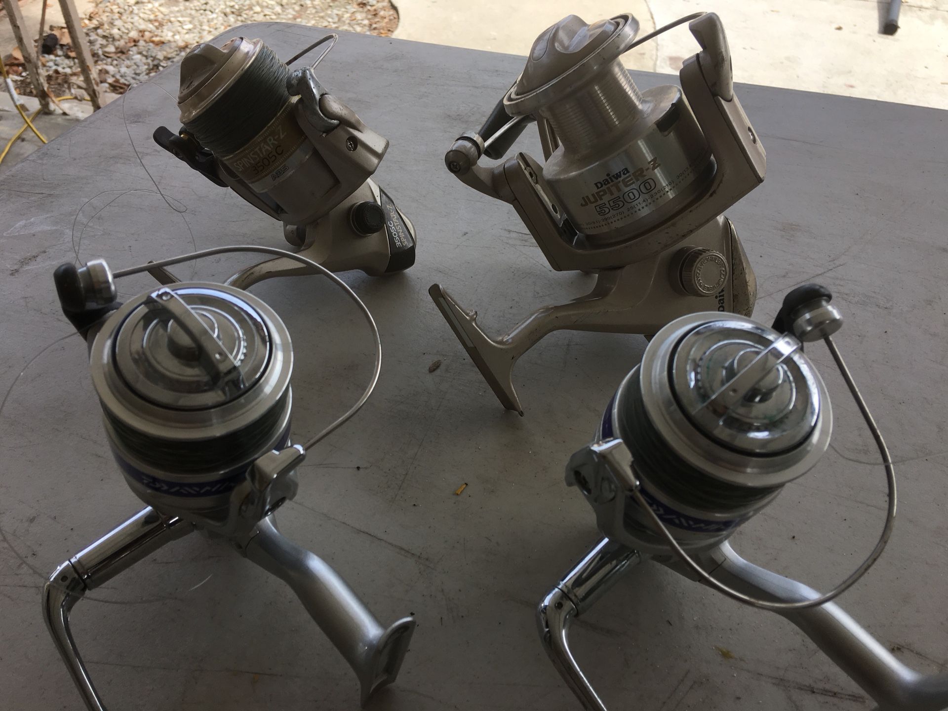 4 Fishing Reels. Daiwa Jupiter Z 5500 ~ $20, Daiwa Spinstar Z 3505c ~ $15, Daiwa Dwave 4000~B $10 Each