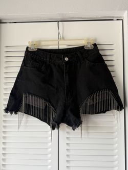 Black Denim Shorts with Crystal Chain Fringe