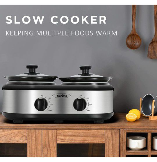 Sunvivi Dual Pot Slow Cooker, 2 Pot Small Mini Crock Buffet Server and  Warmer, Double Pot Buffet Food Warmer Adjustable Temp Lid Rests Stainless  Steel for Sale in Rockford, IL - OfferUp