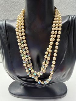 Vintage Multi-Strand Faux Pearl & Iridescent Crystal Bead Necklace C-11