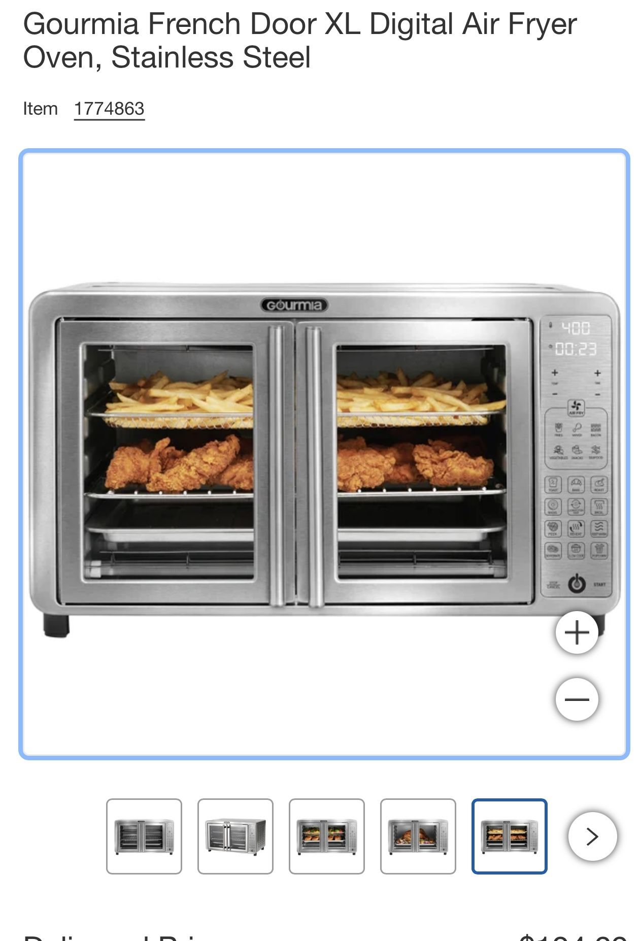 Gourmia FRENCH DOOR XL DIGITAL AIR FRYER OVEN SLEEK & DURABLE STAINLESS STEEL gourmia 425 15:23 TEMP TIME ITM. / ART. Aster 12.24 EXTRA LARGE