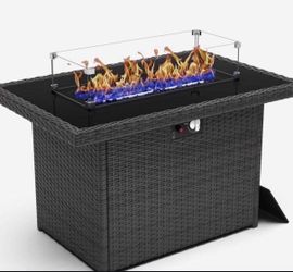 LayinSun Alturas 44"Propane Gas Fire Pit Table, 55000 Btu Rectangular Fire Pit With Glass Wind Guard For Outside Patio Deck Garden Backyard