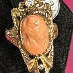 Vtg Diamond Coral Ring Vintage 10 k Yellow Gold Cocktail Jewelry Sz 9.5