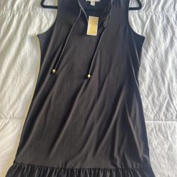 NWT MICHAEL Michael Kors Black Tie Neck Ruffle Hem Sleeveless Dress M
