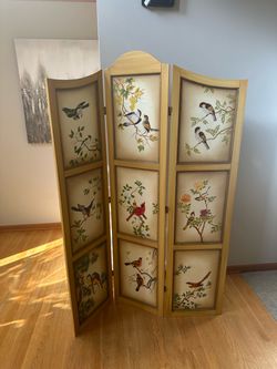 3-panel hand painted wood screen Birds Room divider