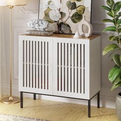 31.5" Farmhouse Buffet Cabinet with Metal Base, Adjustable Shelf & 2 Doors, Antique White Storage Sideboard for Kitchen, Dining & Living Room
