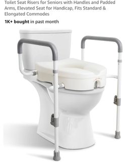 Raised Toilet Seat with Handles for Seniors, 5-inch Rise | Toilet Seat Risers for Seniors with Handles and Padded Arms, Elevated Seat for Handicap, Fi
