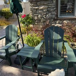Two Adirondack Chairs, With Matching Umbrella, Stand And Two Side Tables Foldable 