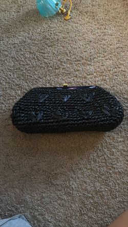 Black Vintage Woven Clutch Bag with Gold Clasp