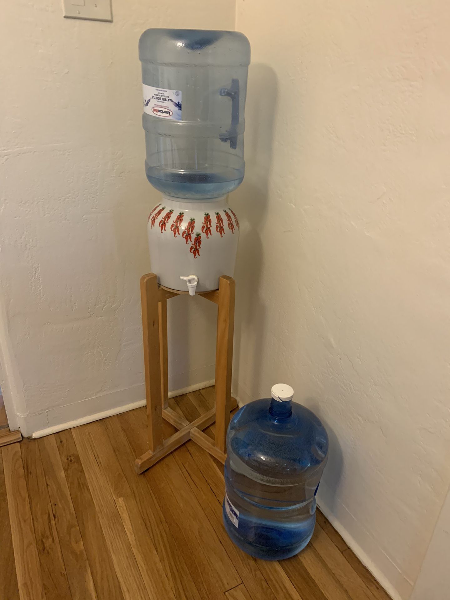 Ceramic Red Chile Water Dispenser and Two 5 Gal. Jugs