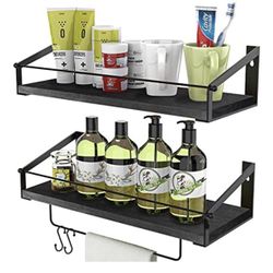 Floating Shelves Wall Mounted Farmhouse Shelves Decorative Wall Wood Rustic Storage Shelves Set of 2 with Towel Bar and Rails for Bathroom, Bedroom, K