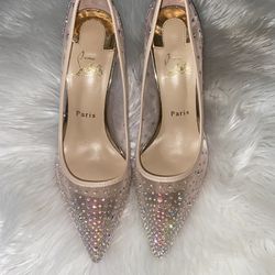 Brand New Beige Christian louboutin Shoes Size 9 Adored With Iridescent Crystal Stones 
