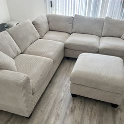 New Corduroy Fabric Sectional.  Off White / Beige.  99” X 99”.  Free Delivery!