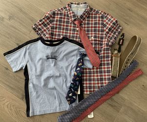 Boy T-shirt, shirt, two kid’s ties, kid belt, two adult ties