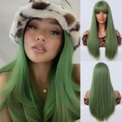 Long Straight Wig with Bangs Synthetic Heat Resistant 22 Inch Green