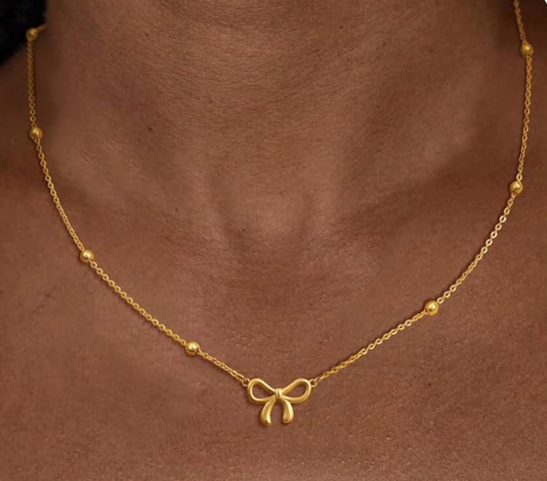 14K Gold Plated Cute Bow CZ Pendant Choker Chain
