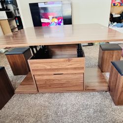 Lift-Top Foldable Coffee Table With 4 Stools & Multiple Storage Compartments.