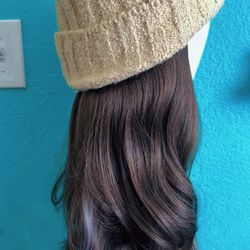 beanie with heat resistant synthetic wig, wavy hair